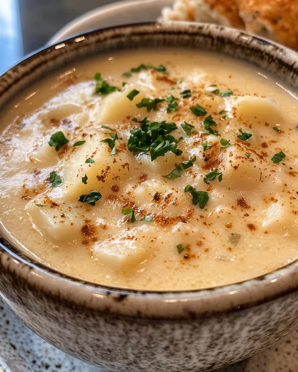 Steaming hot Cajun potato soup in a pot