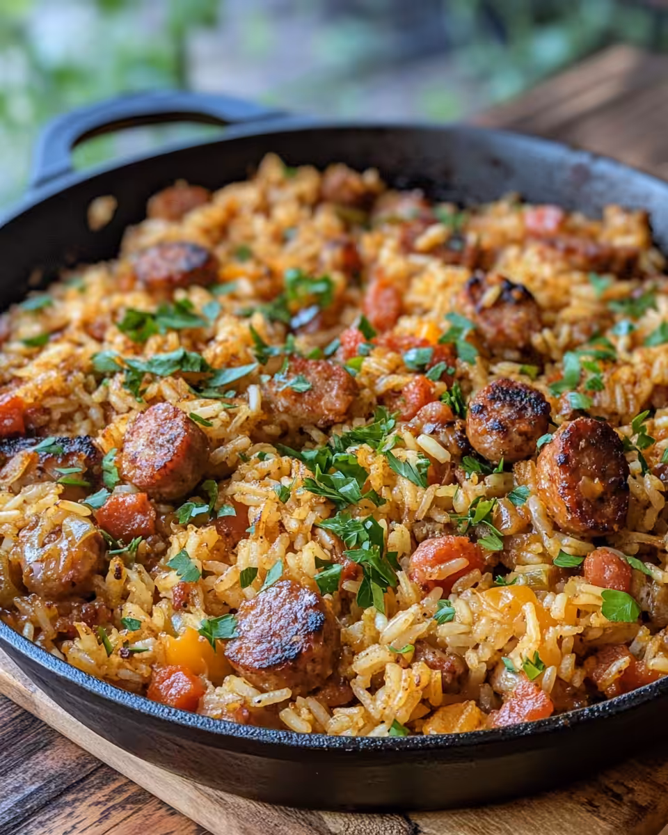 Plate of finished Cajun sausage rice meal served hot and ready