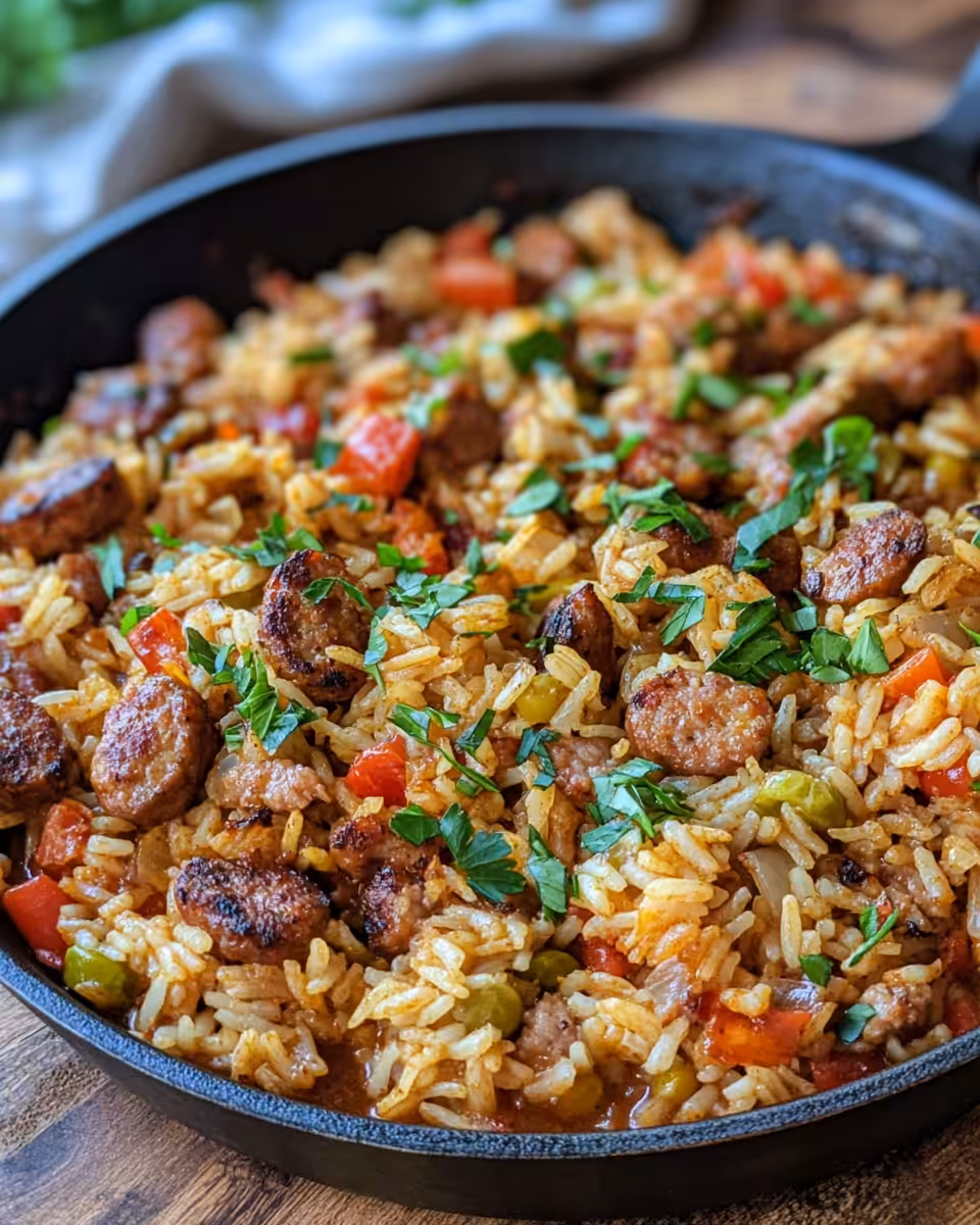 Steam rising from pressure cooker with spicy sausage and rice