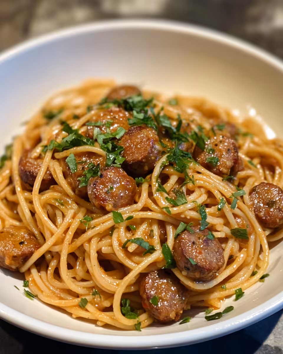 Creamy Cajun sausage pasta served with parsley garnish