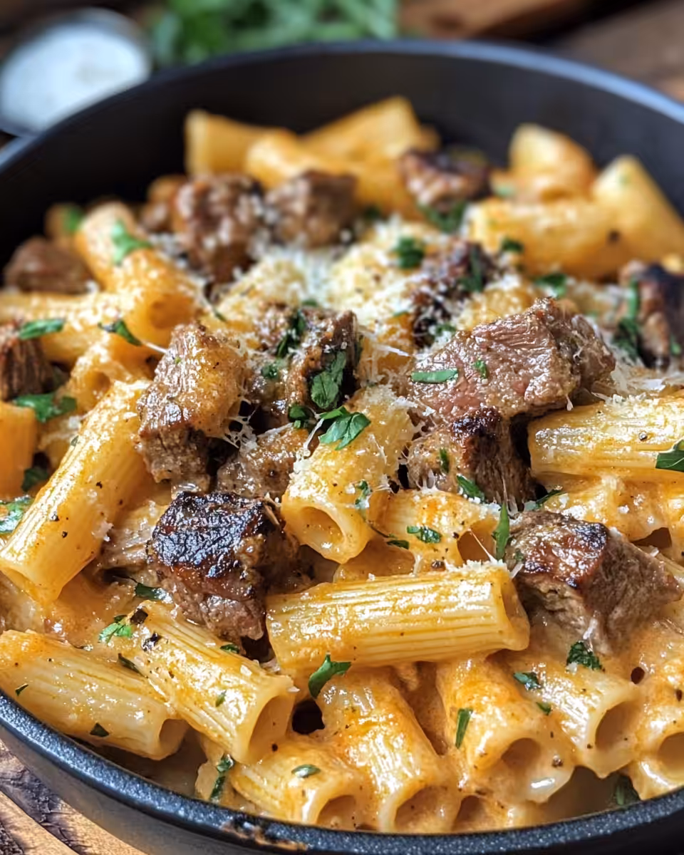 Creamy Cajun steak tips with rigatoni in skillet
