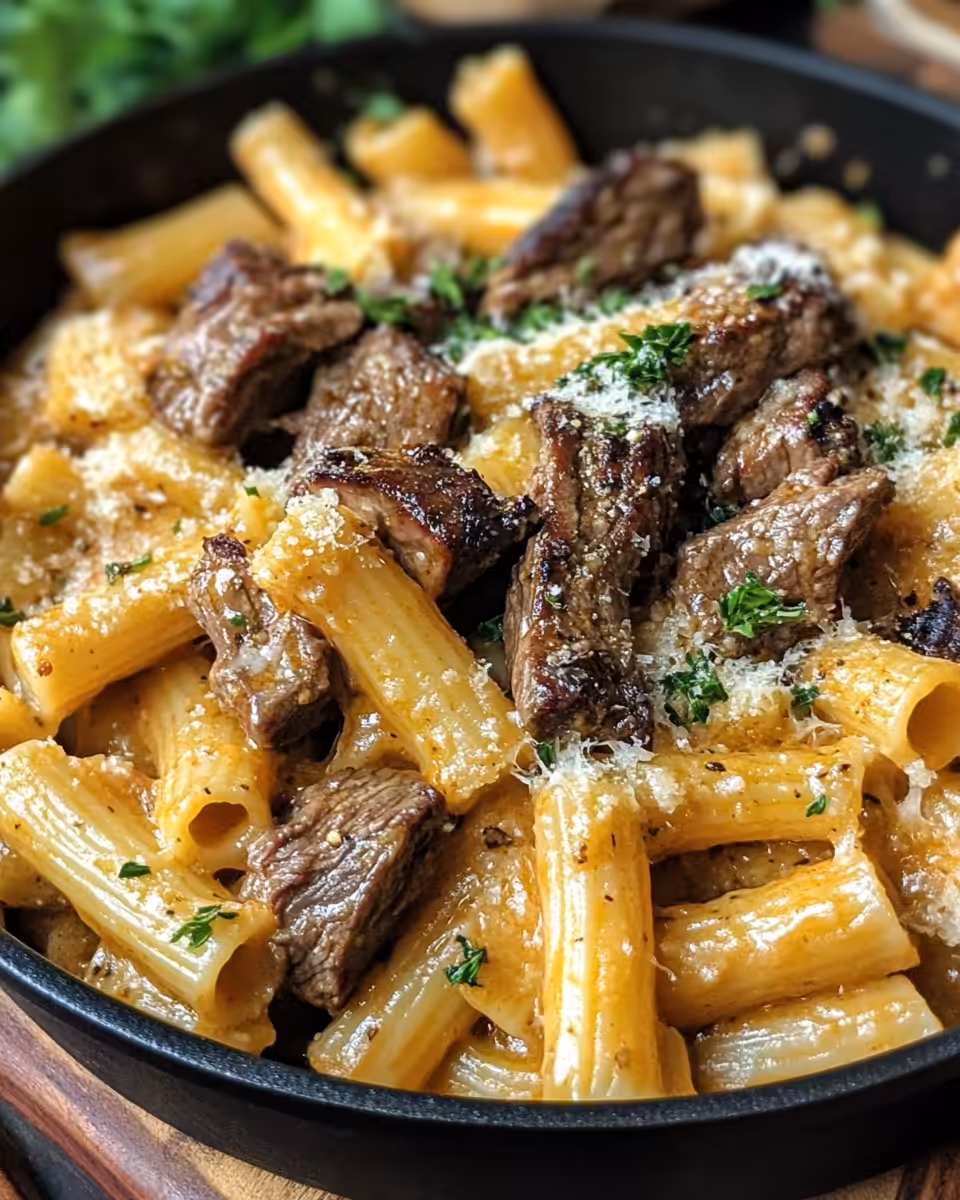 Close up of Cajun steak tips in cheesy rigatoni plated