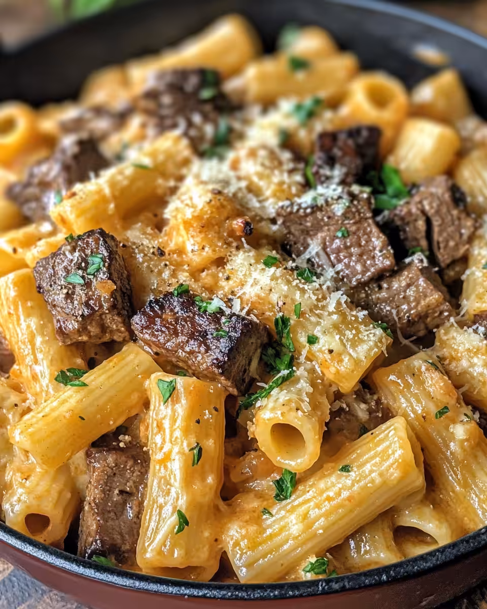 Cajun steak tips in cheesy rigatoni cooked in a pressure cooker