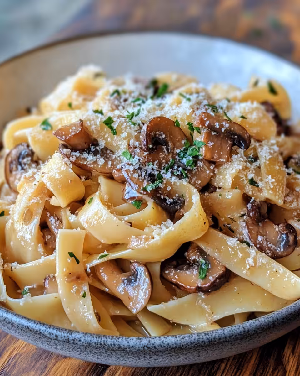 Finished caramelized leek and mushroom Gruyere pasta served on a plate