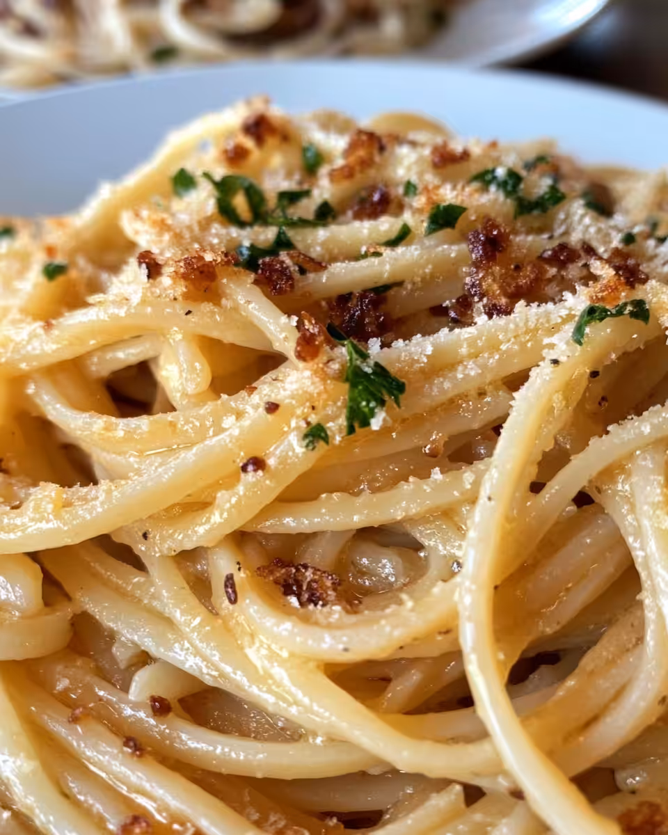 Served caramelized onion pasta with creamy sauce and parsley garnish