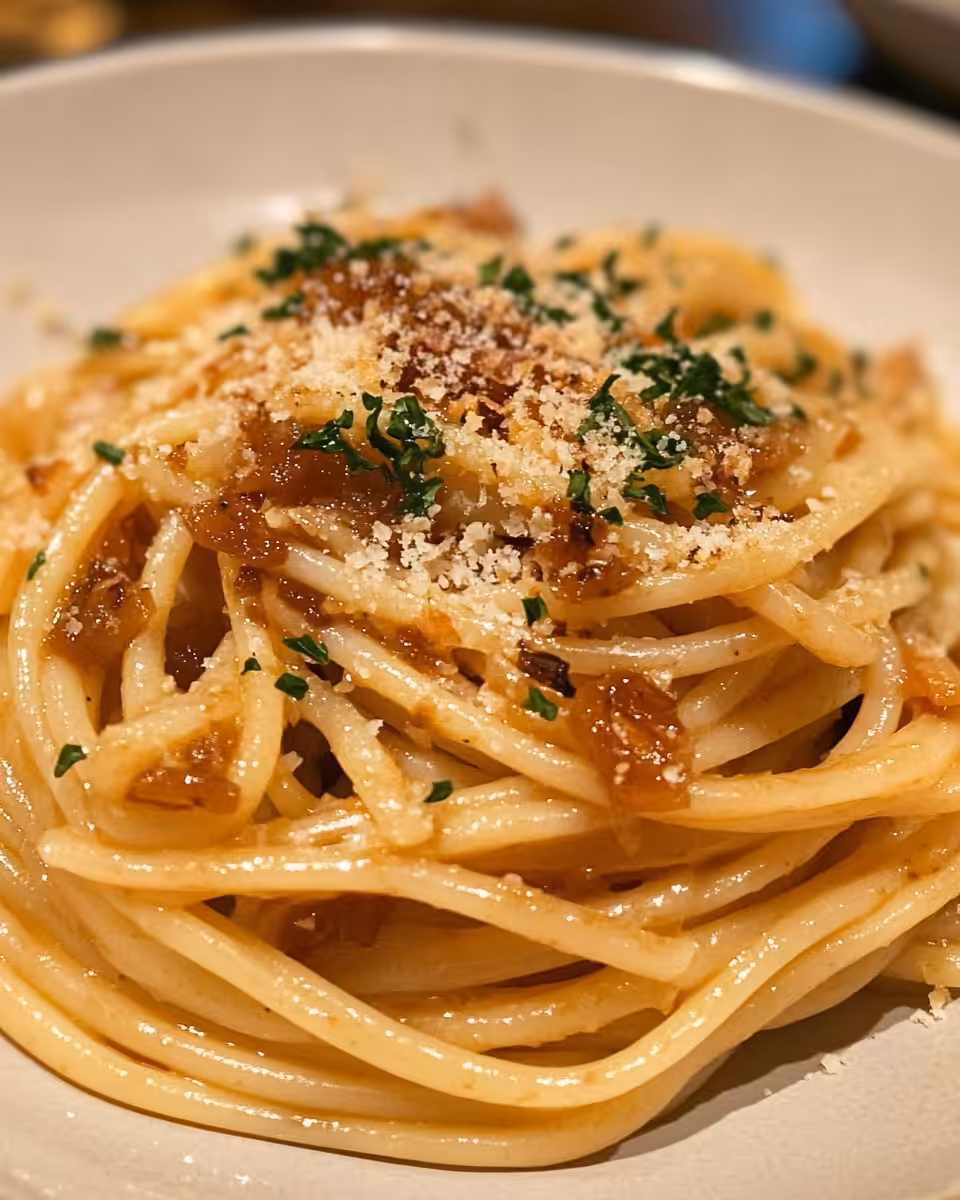 Ingredients and sauce mixture for caramelized onion pasta in skillet