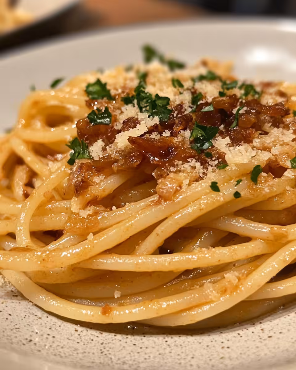 Plated caramelized onion pasta with chili oil, garnished with fresh parsley