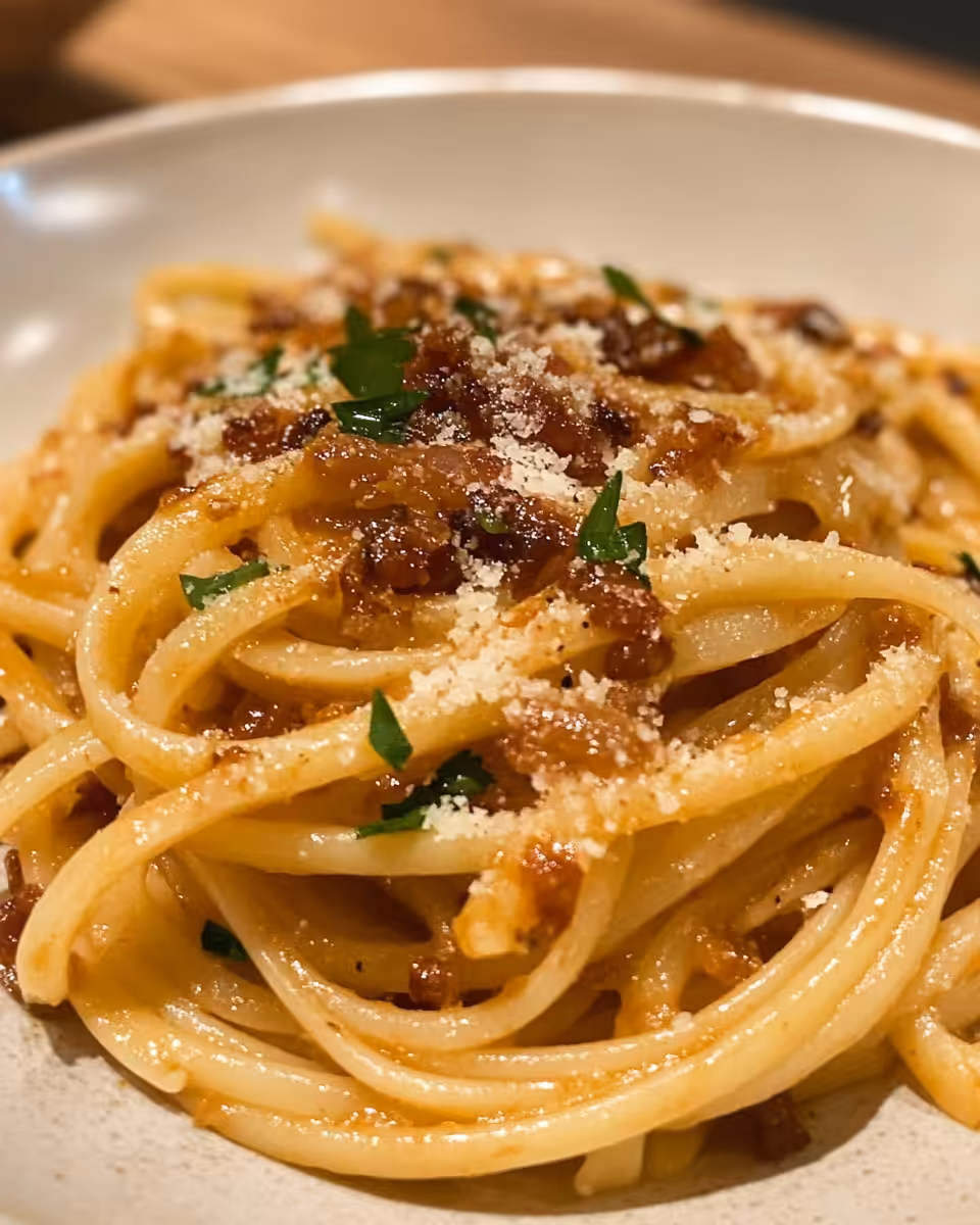 Caramelized onion pasta with chili oil fresh and plated