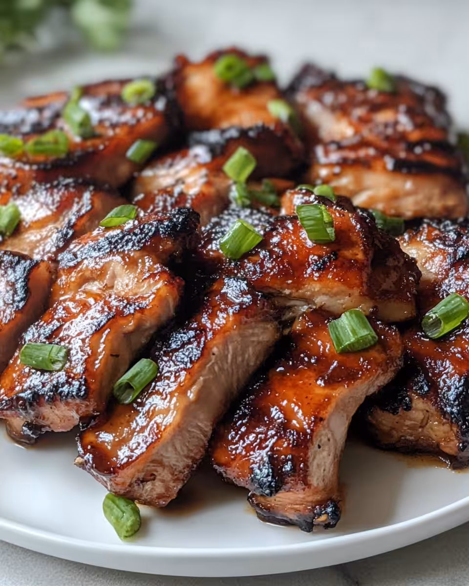 Sliced char siu chicken plated with glossy red glaze