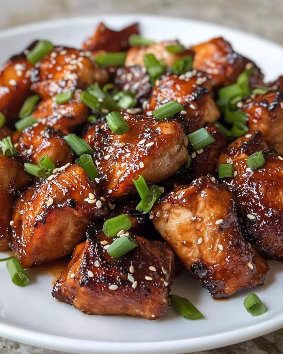 Final glazed char siu chicken dish with a smoky broiled finish