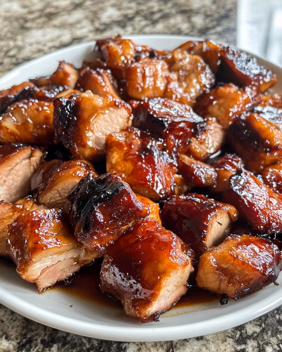Served dish of golden char siu chicken with sauce