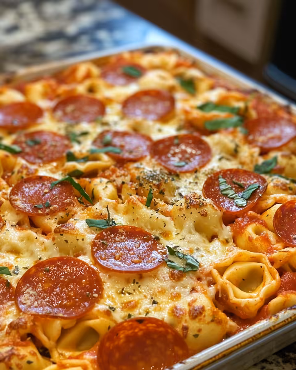 Ingredients for baked pizza tortellini with pepperoni laid out on a table