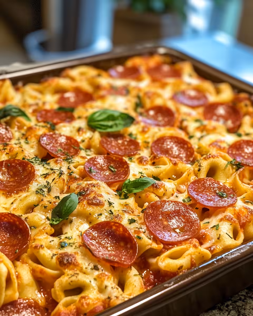 Finished baked pizza tortellini with golden bubbly cheese and pepperoni