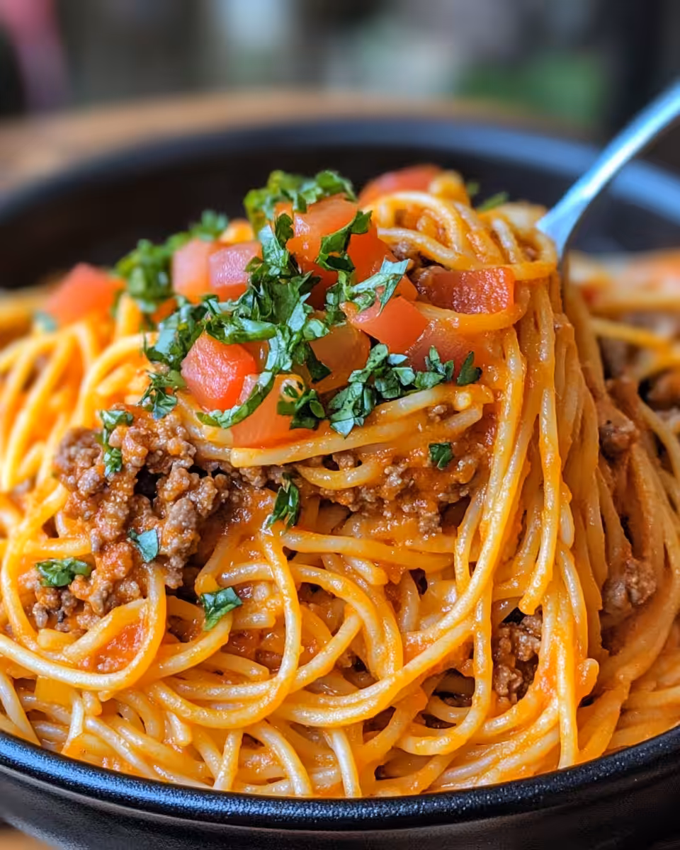 Served Vegan Taco Spaghetti with melted vegan cheddar and garnishes