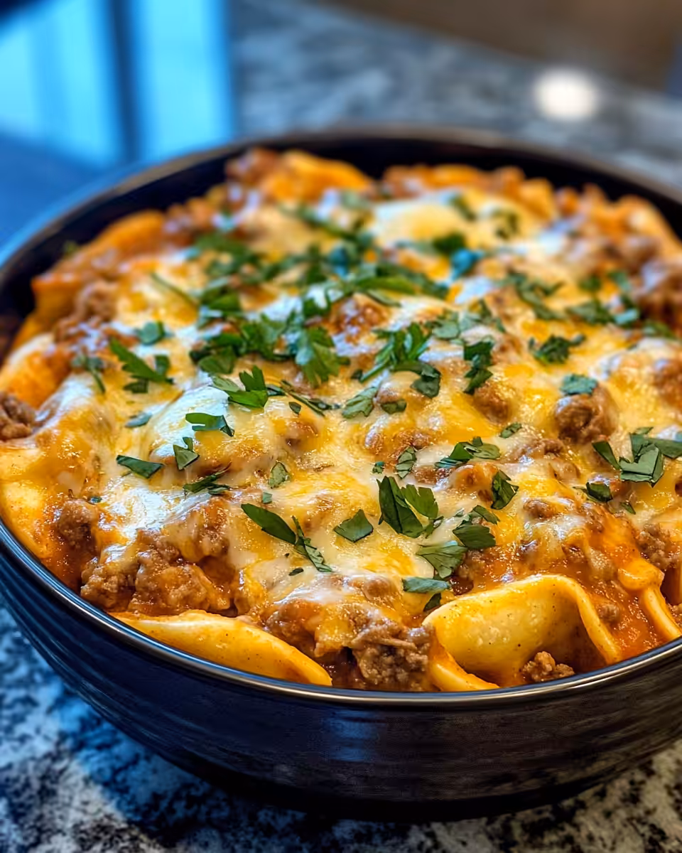 Cheesy beef enchilada tortellini served in a bowl garnished with cilantro and sour cream
