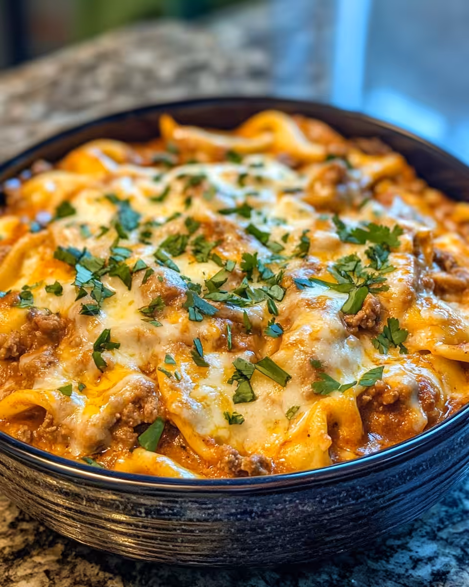 Close-up of cheesy beef enchilada tortellini in pressure cooker