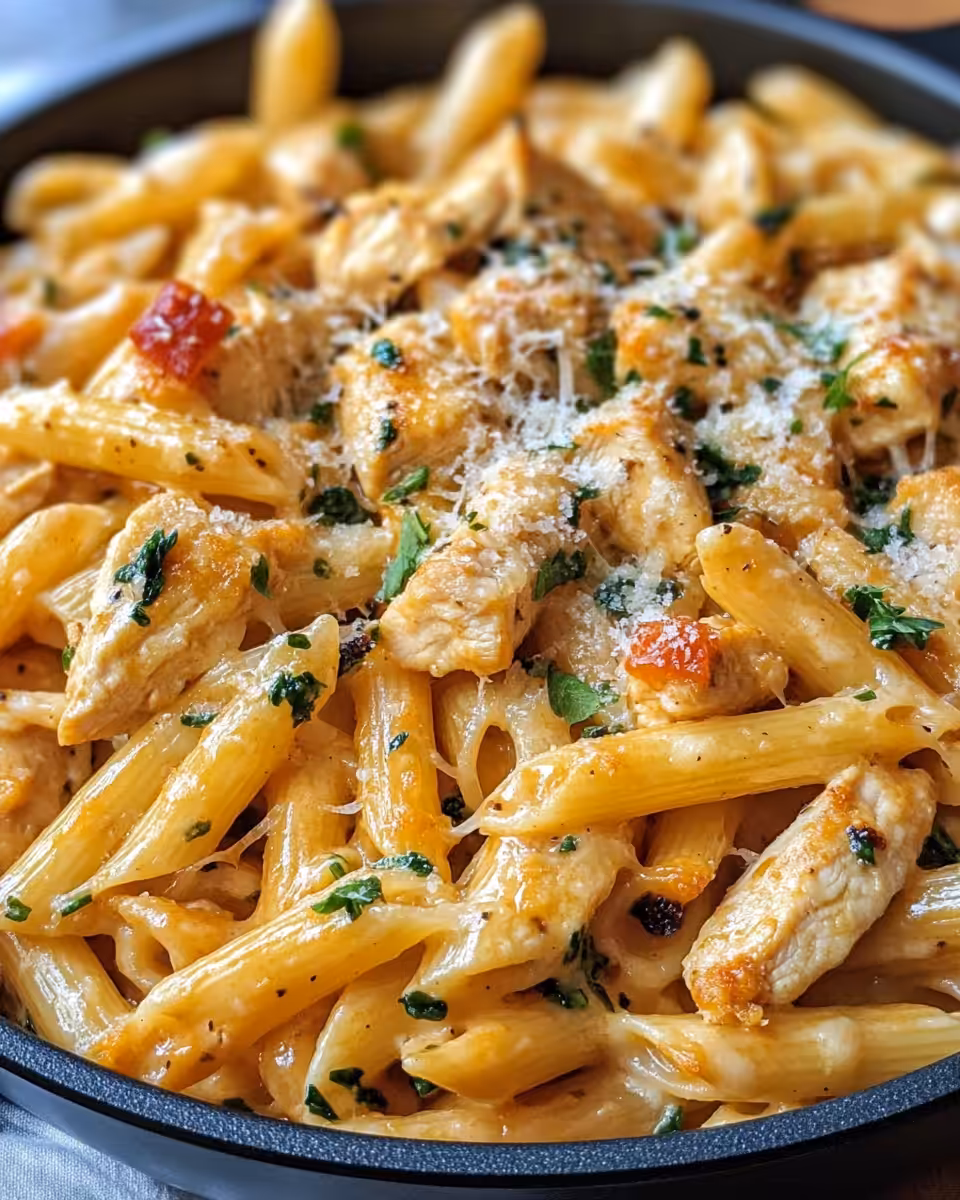 Finished cheesy chicken rigatoni pasta served with garnish