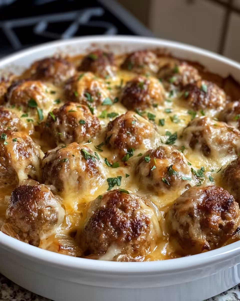 Ingredient setup for French onion meatballs with butter, onions, wine, and herbs