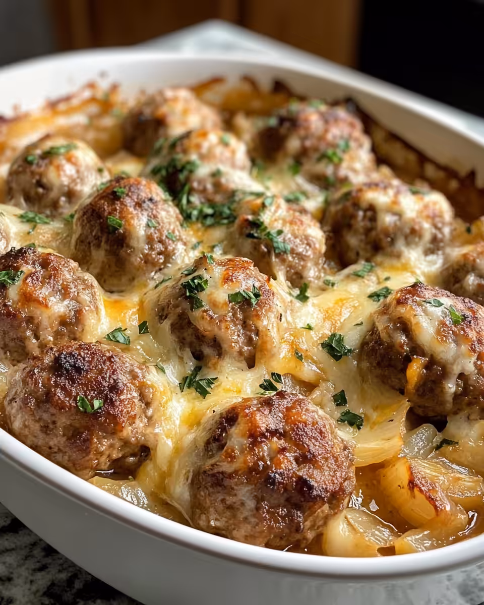 Serving plate with French onion meatballs topped with melted cheese and fresh herbs