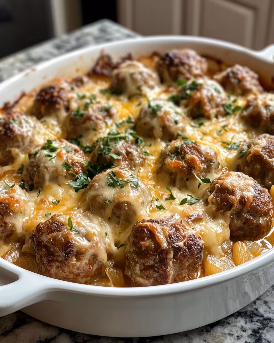 Pressure cooker simmering French onion meatballs with melted cheese