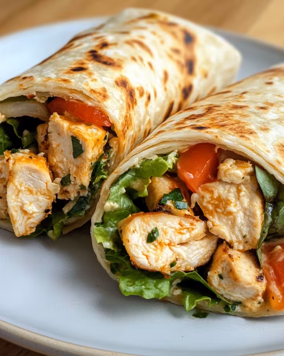 Ingredients and preparation steps for cheesy garlic chicken wraps