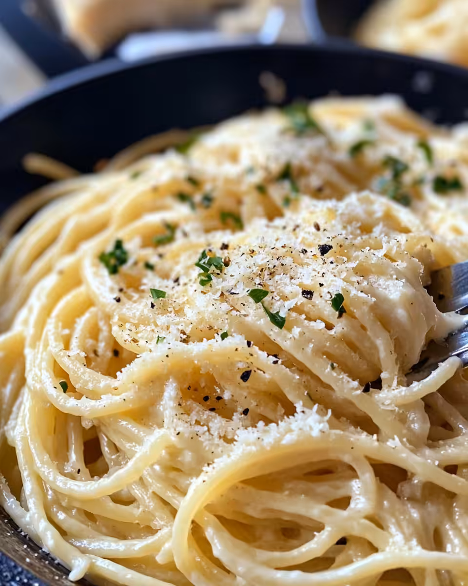 Cheesy garlic parmesan spaghetti and cream cheese in cooking process