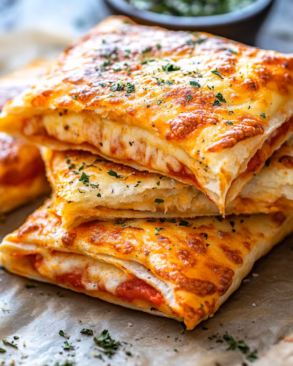 Golden baked cheesy pizza pocket served and ready to eat