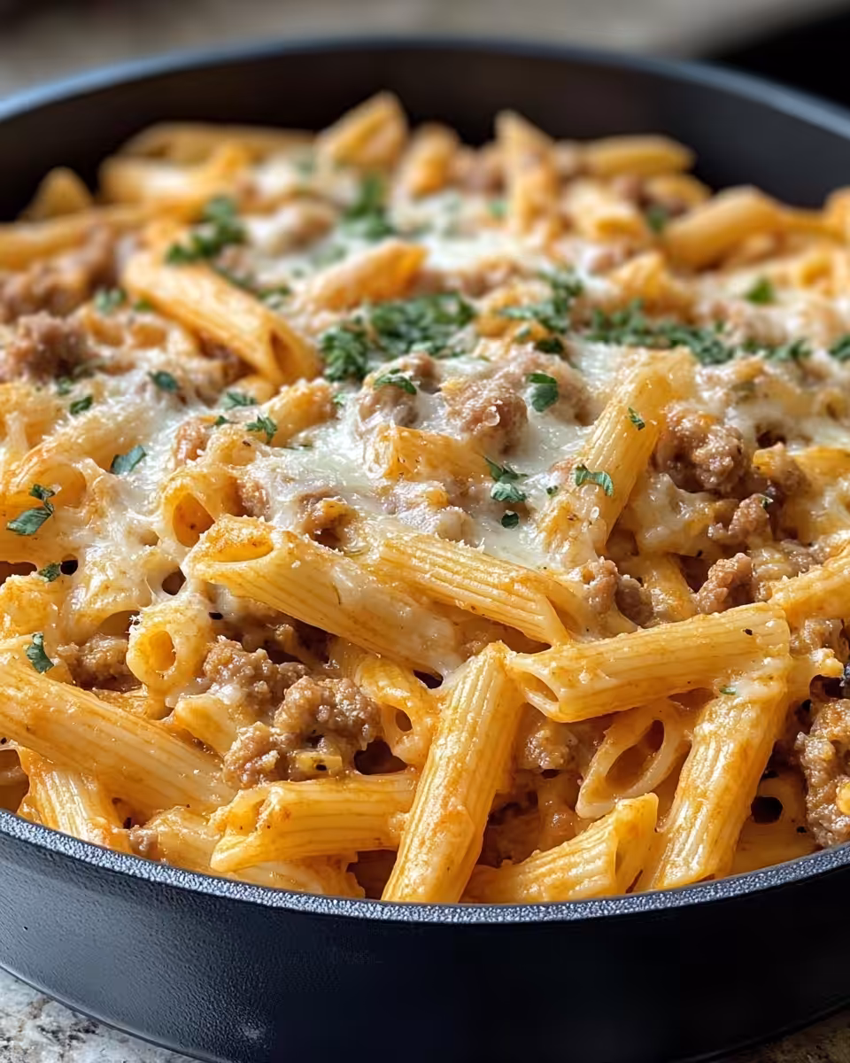 Ingredients for cheesy sausage pasta laid out on a table