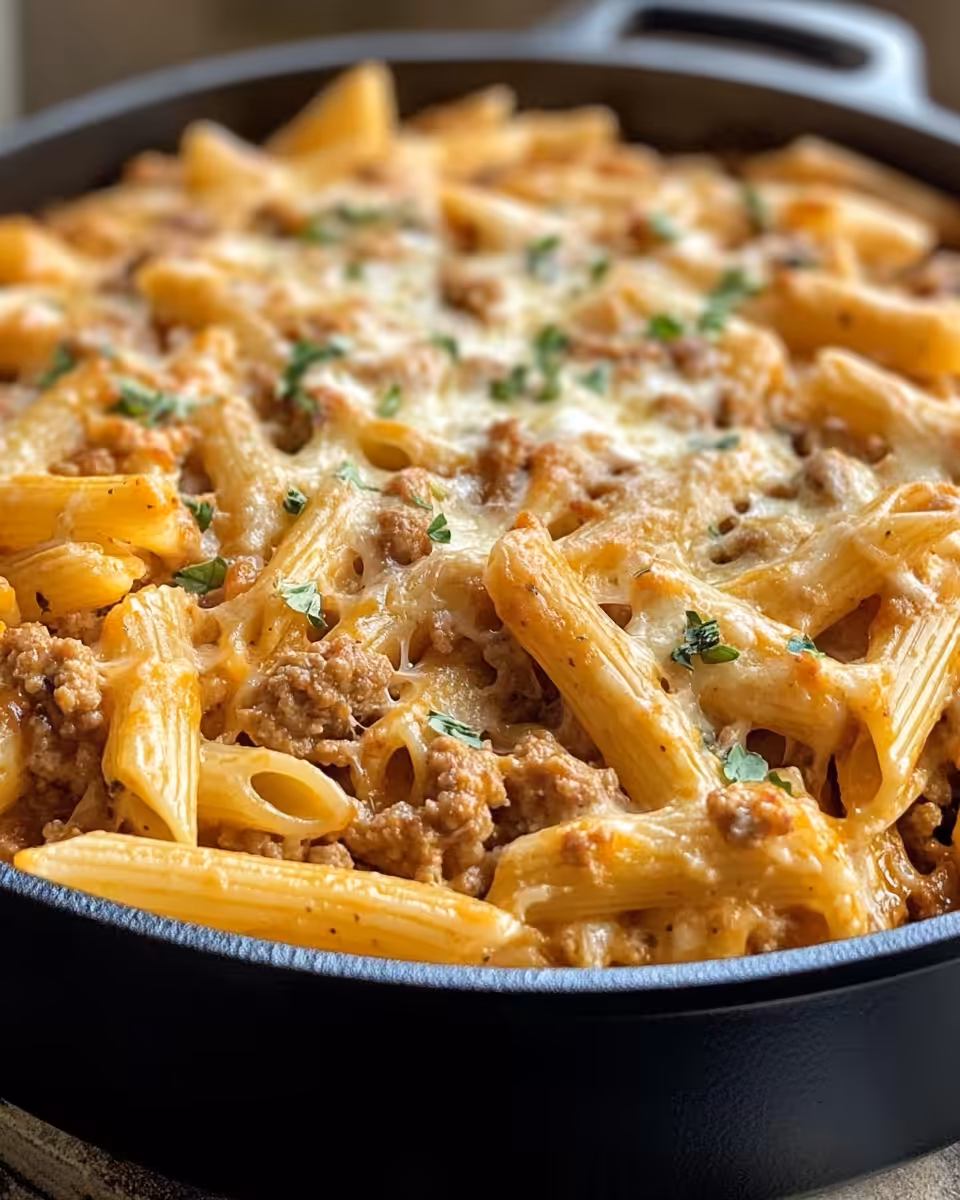 Finished cheesy sausage pasta served in a bowl with scallion garnish