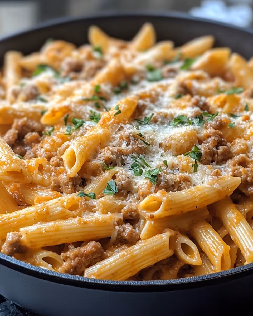 Smoked sausage pasta in pressure cooker with steam rising