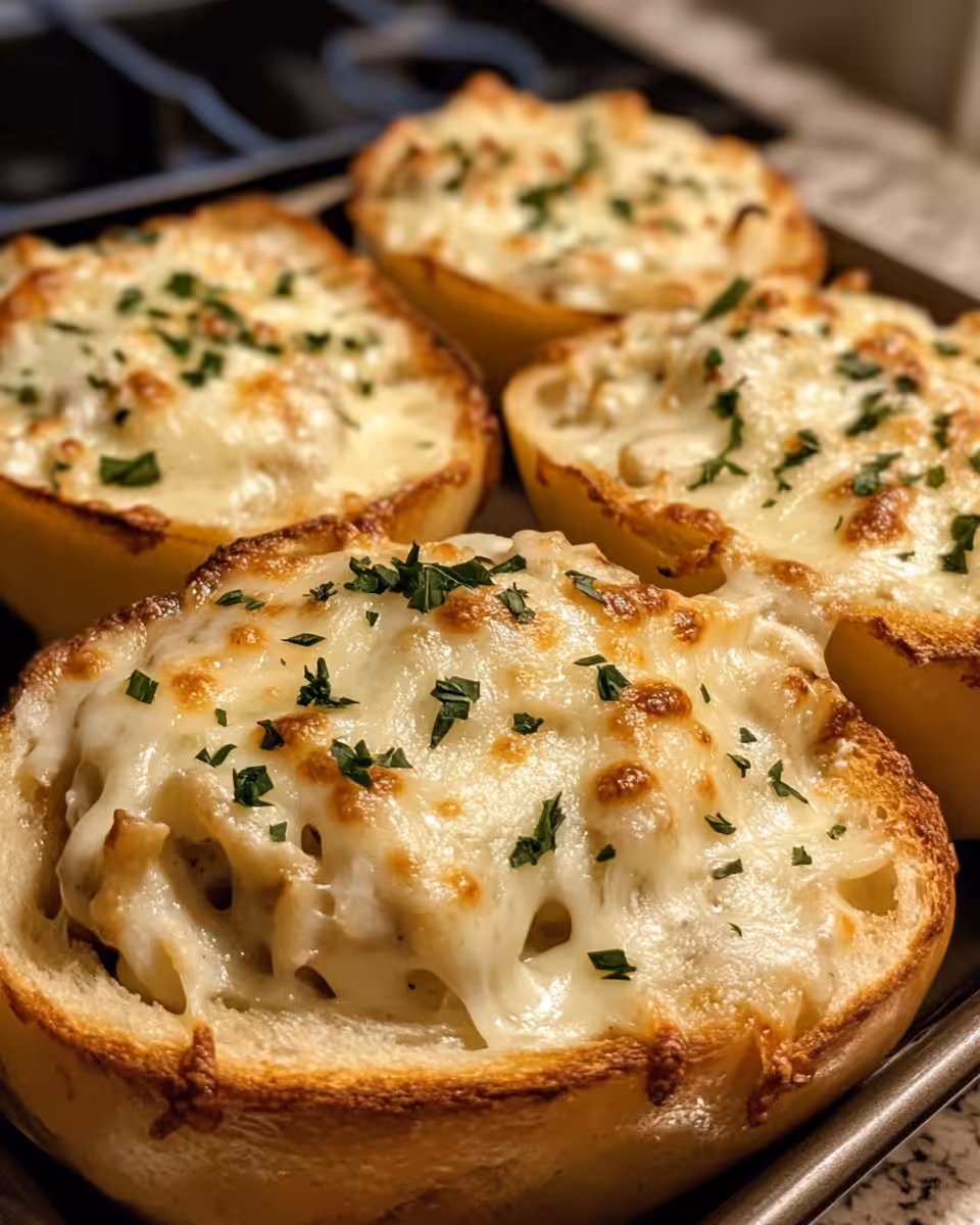 Golden bubbly chicken Alfredo casserole fresh from oven