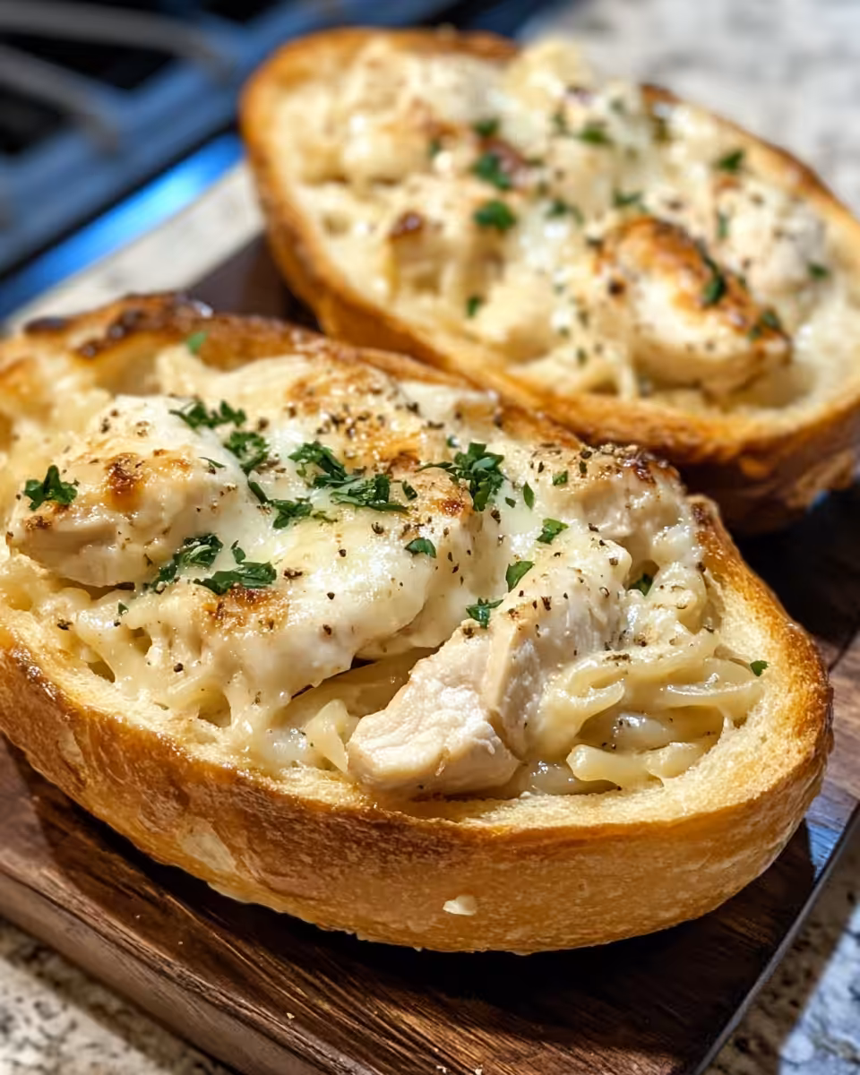 Ingredients for chicken Alfredo garlic bread bowls laid out on counter