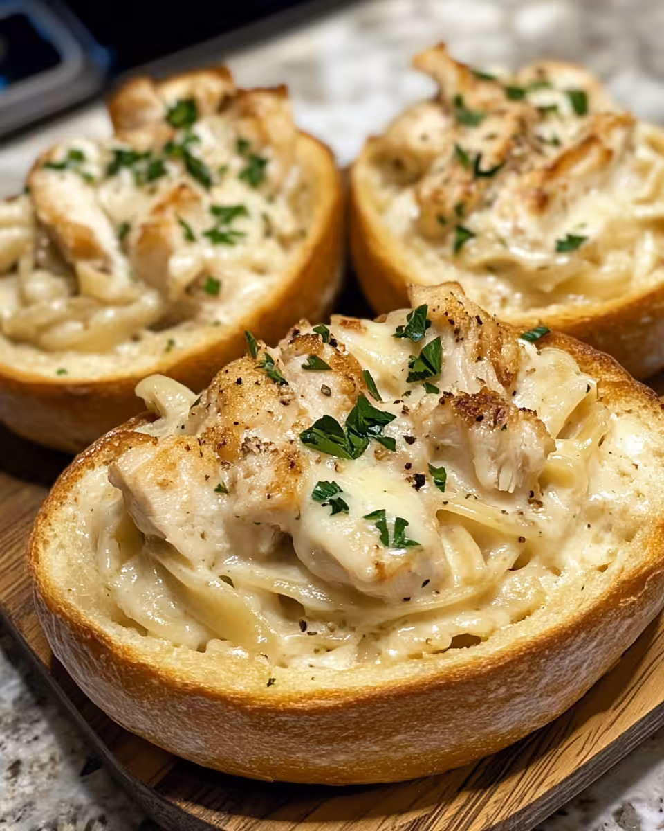 Golden baked chicken Alfredo garlic bread bowls served and ready to eat