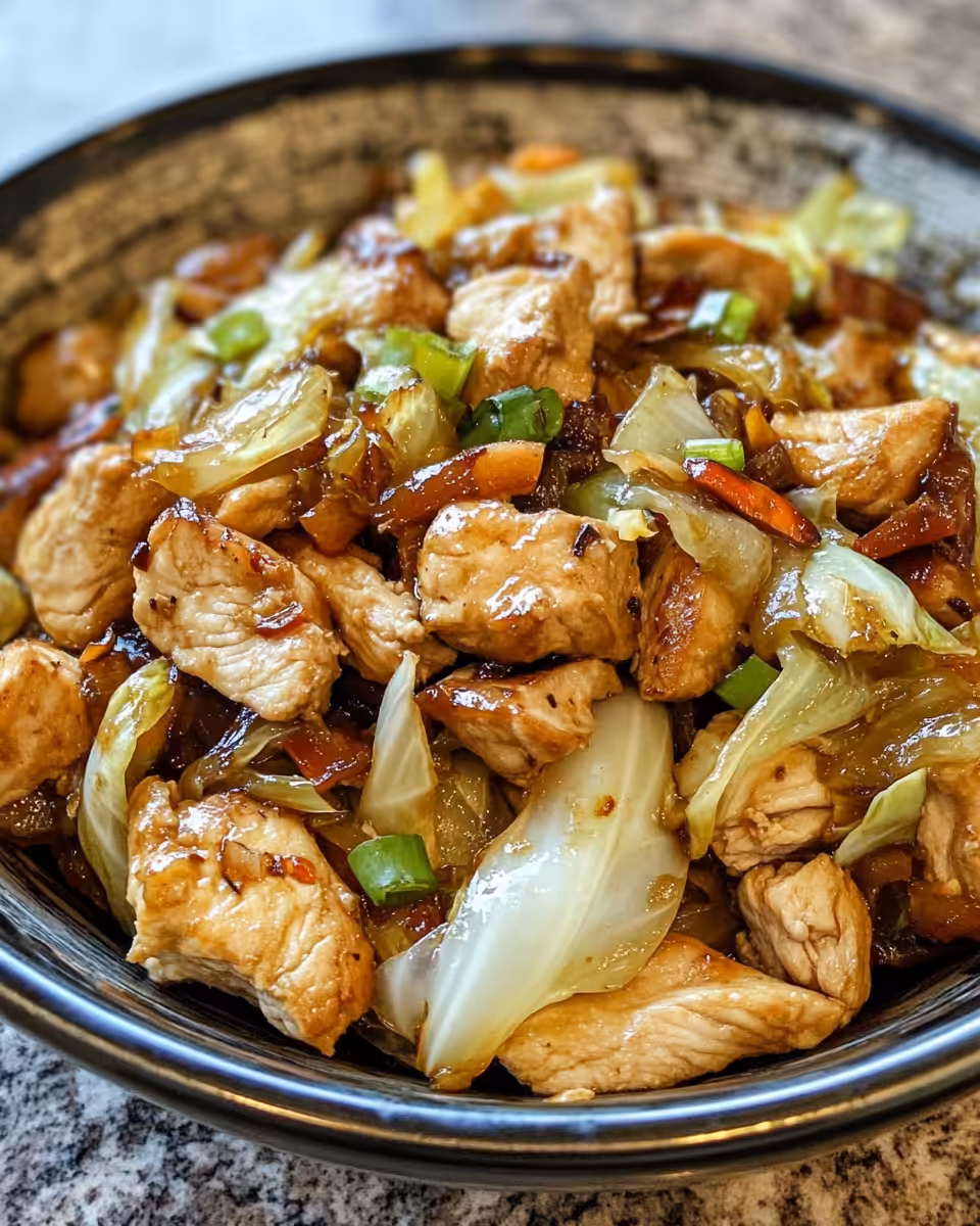 Served chicken cabbage stir fry with sesame seeds garnish
