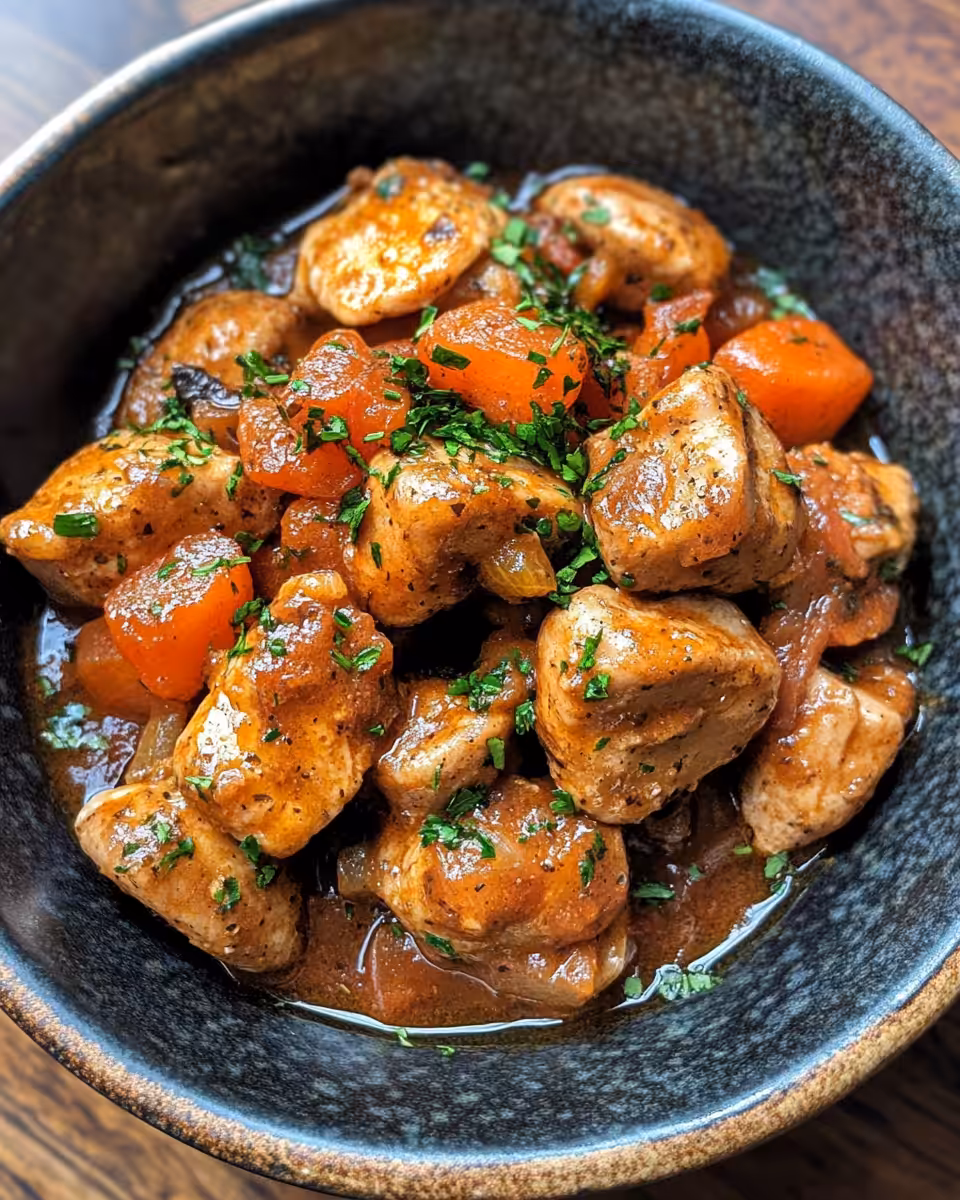 Final plated JB's Chicken Chasseur with sauce and herbs on serving plate