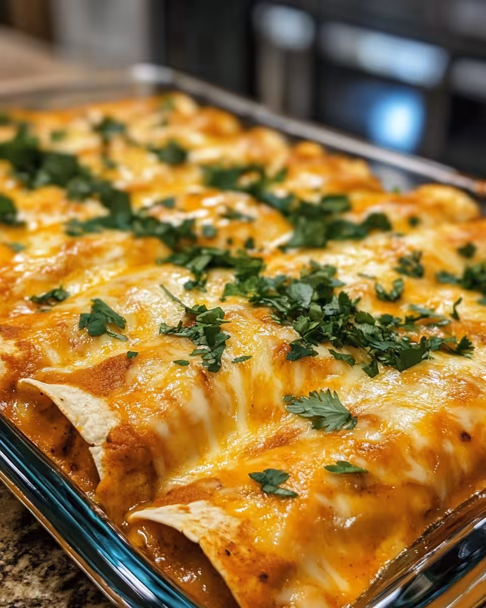 Served chicken enchiladas with melted cheese and fresh toppings