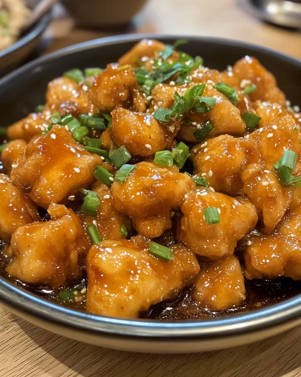 Finished chicken in garlic sauce garnished with scallions and chili