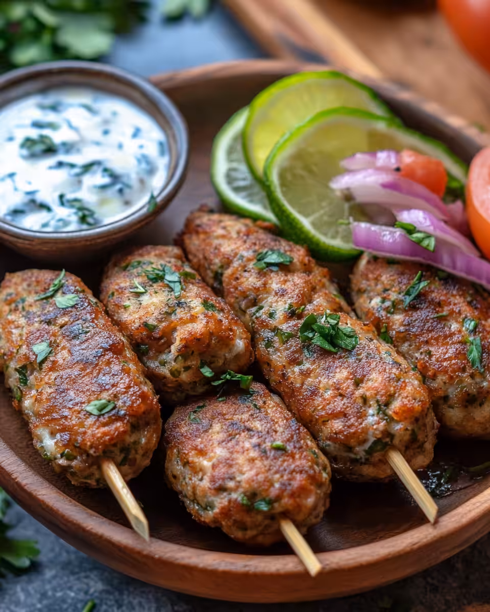 Golden baked chicken koftas served with garlic yogurt sauce on a plate