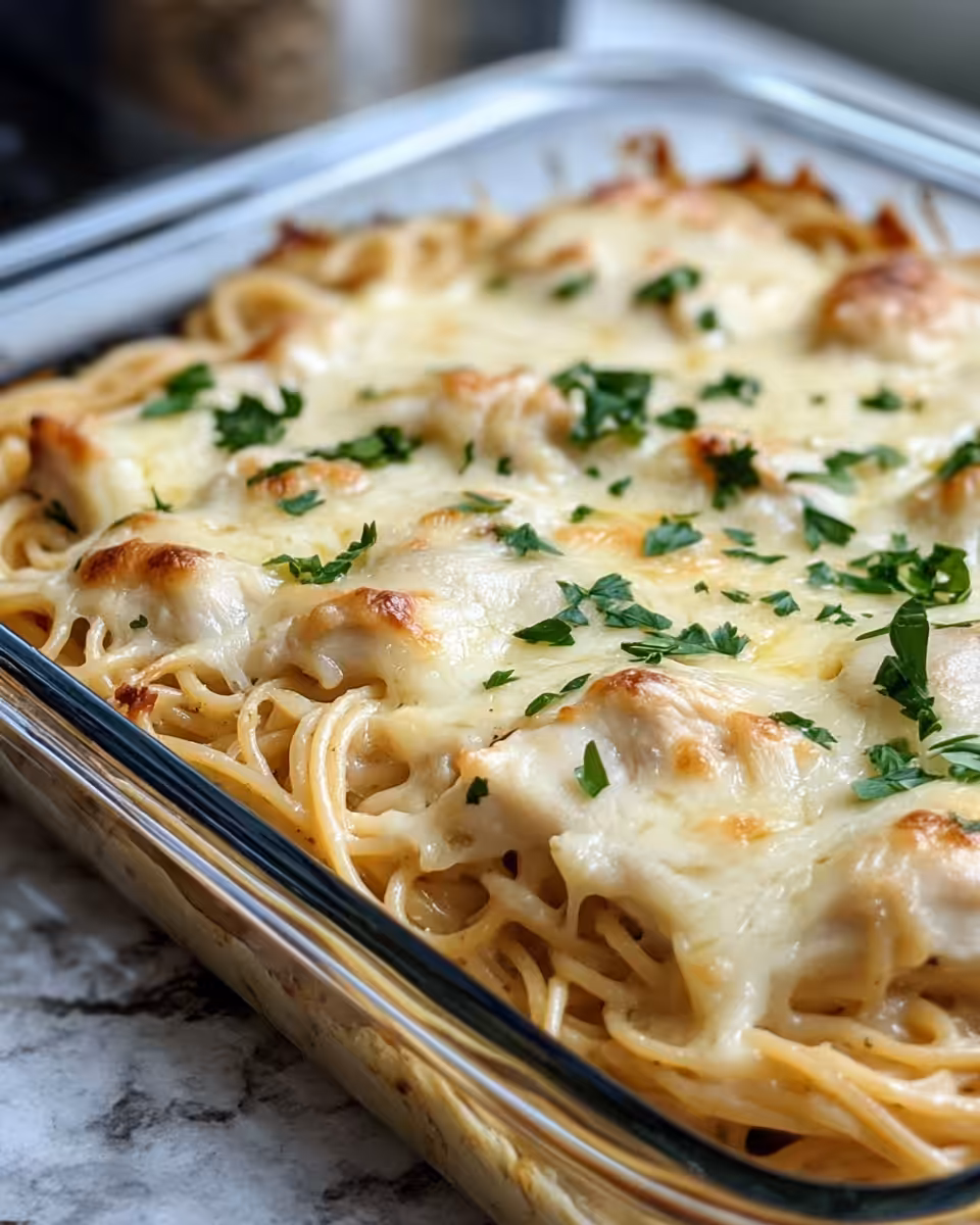 Golden baked Monterey Chicken Spaghetti Bake served on plate