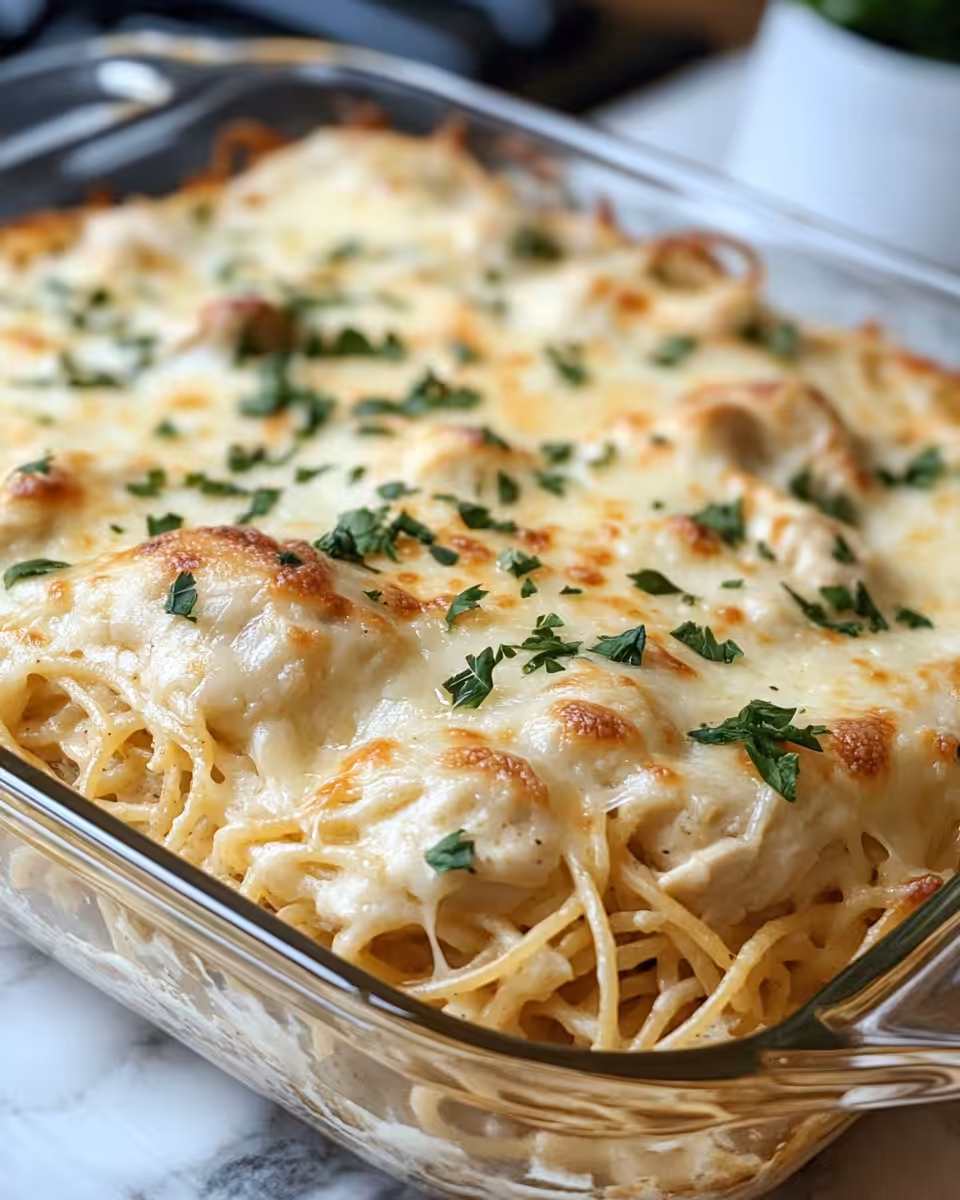 Creamy Monterey Chicken Spaghetti Bake freshly prepared in dish
