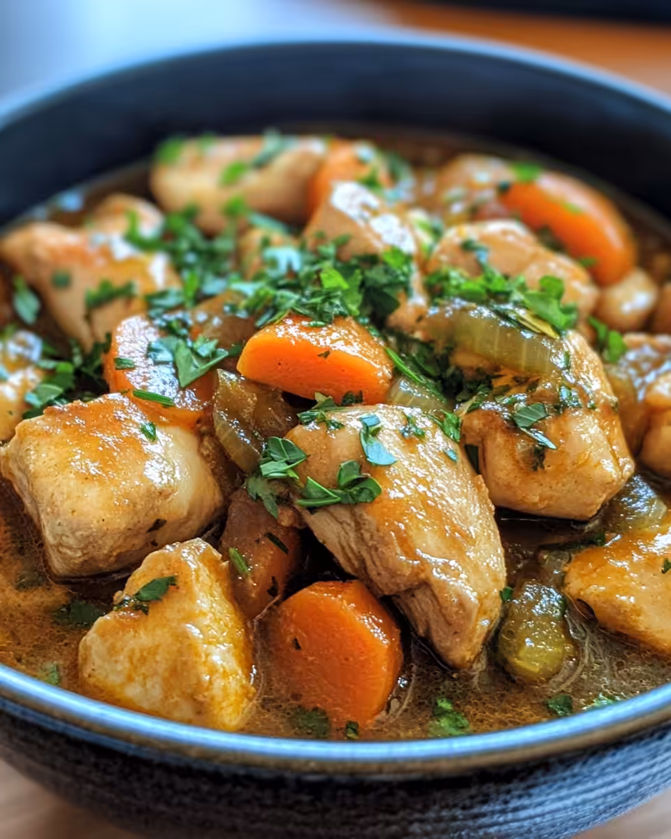 Ingredients for chicken stew including diced chicken, carrots, potatoes and herbs on preparation surface