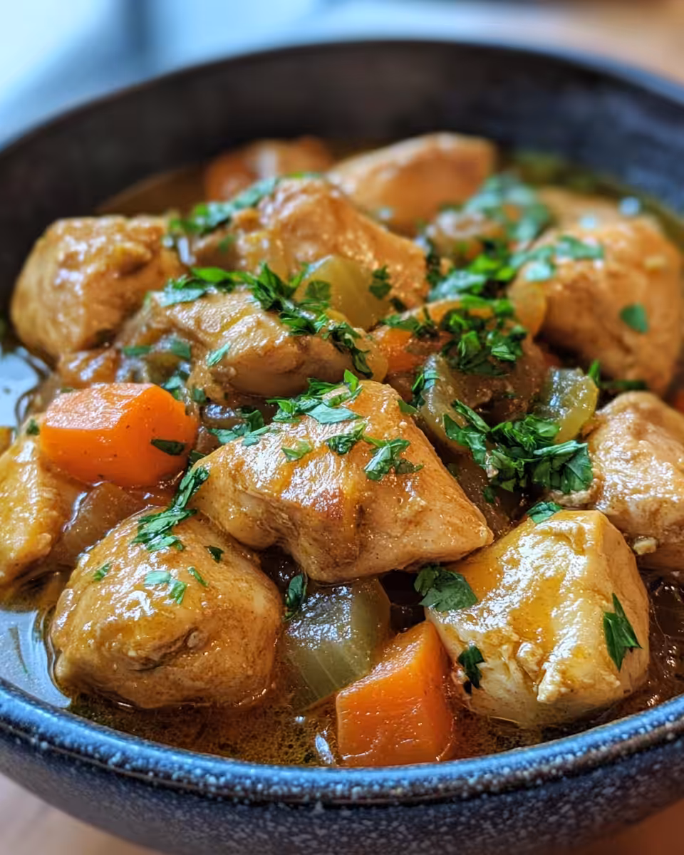 Close up of chicken stew simmering in pot with visible steam and tender chicken chunks