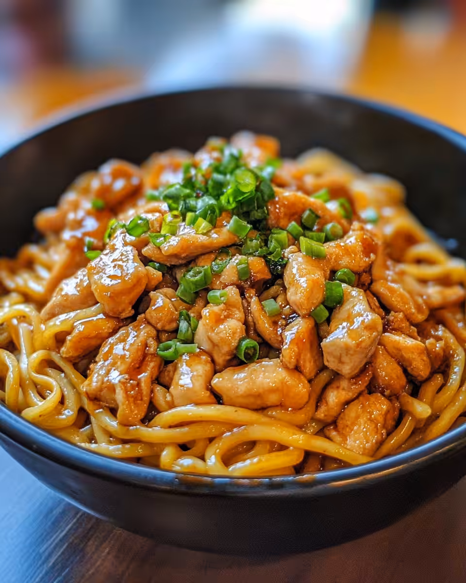Finished chicken teriyaki noodles served with sesame seeds and green onions