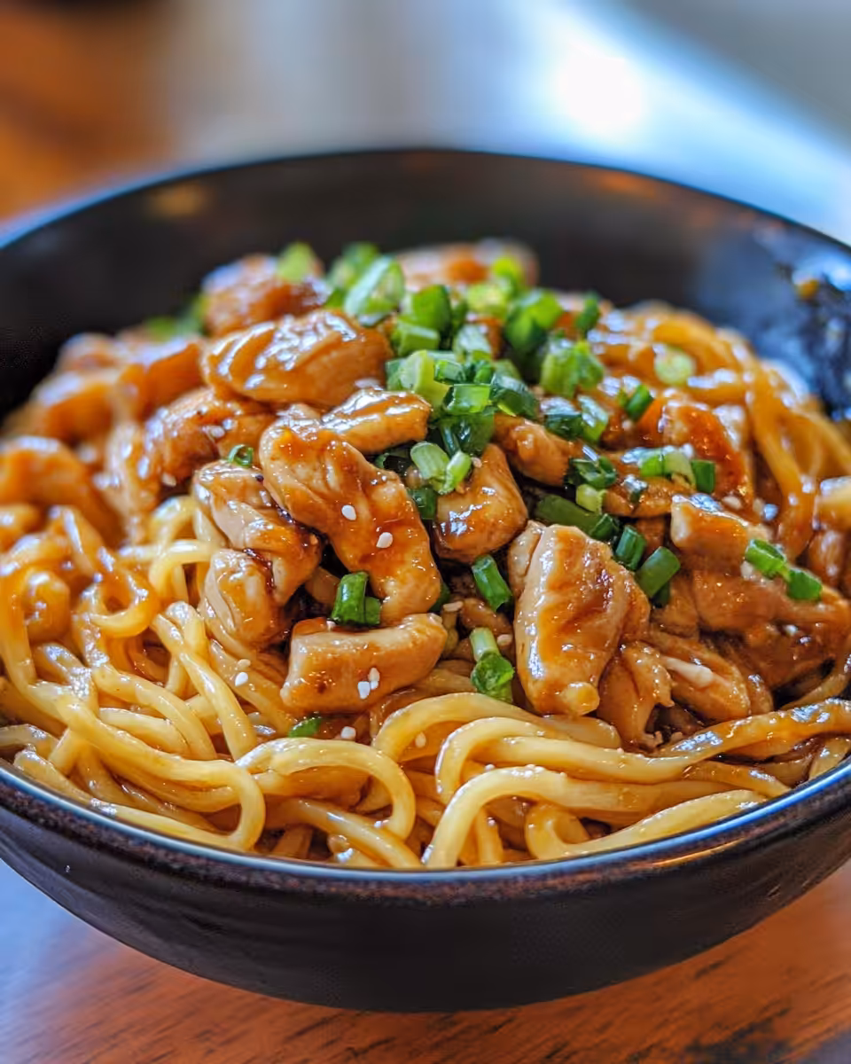 Steaming chicken teriyaki noodles in pressure cooker, ready to serve