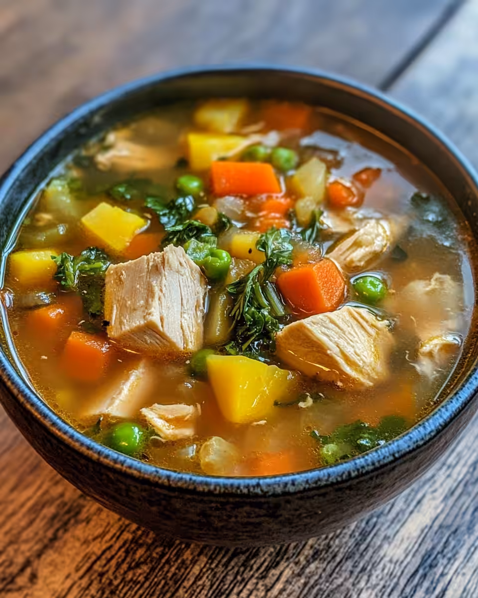 Finished chicken vegetable soup served in a bowl with parsley garnish