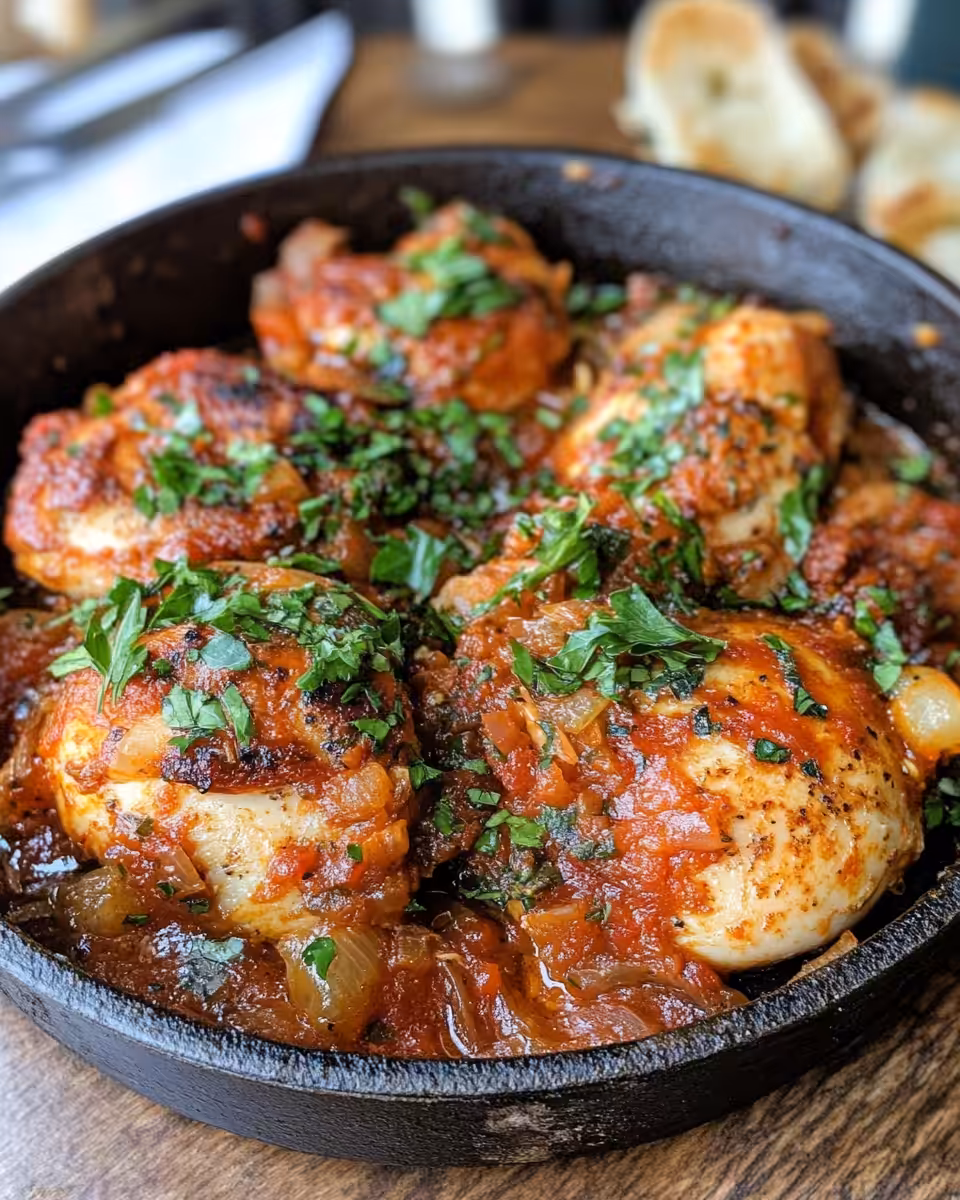 Chicken Vesuvio sizzling with garlic and herbs in the pan