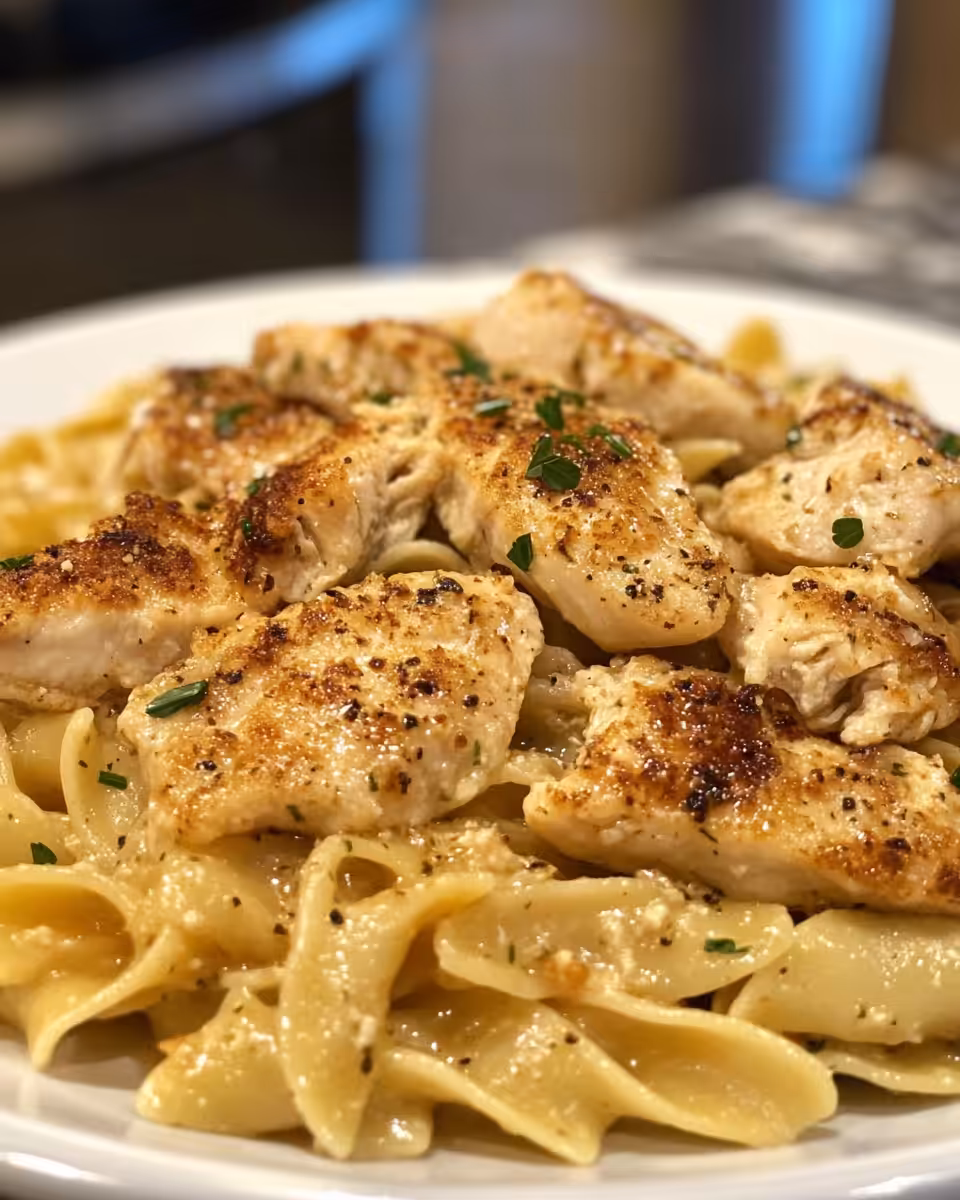Plated creamy chicken and mushroom sauce with buttered noodles