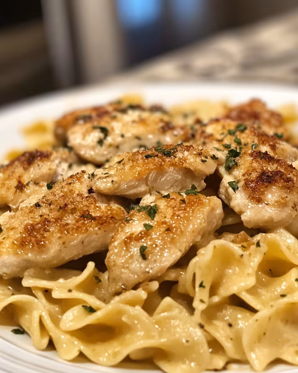 Pressure cooked chicken with buttered noodles plated