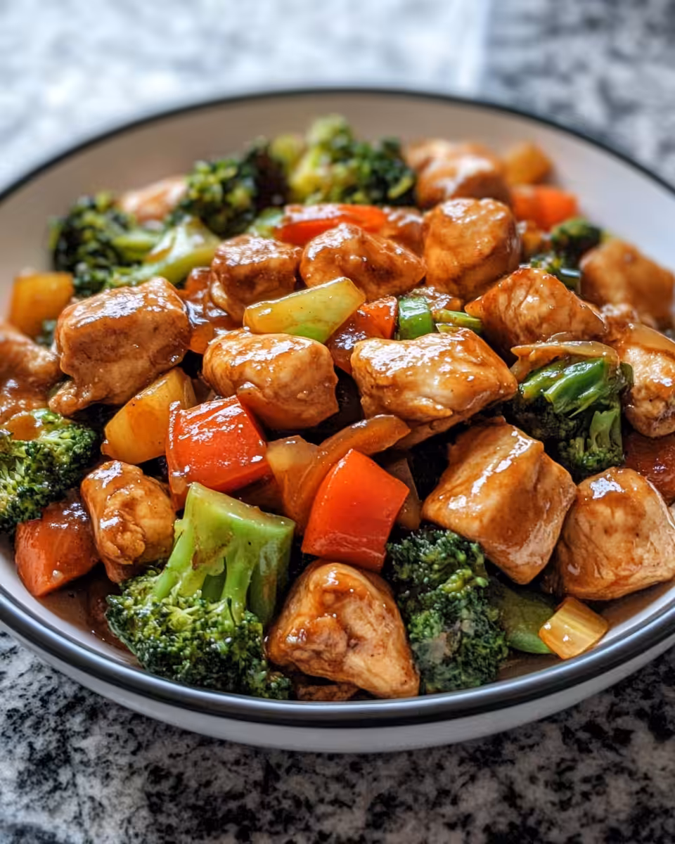 Finished chicken stir fry with mixed vegetables served hot on a plate