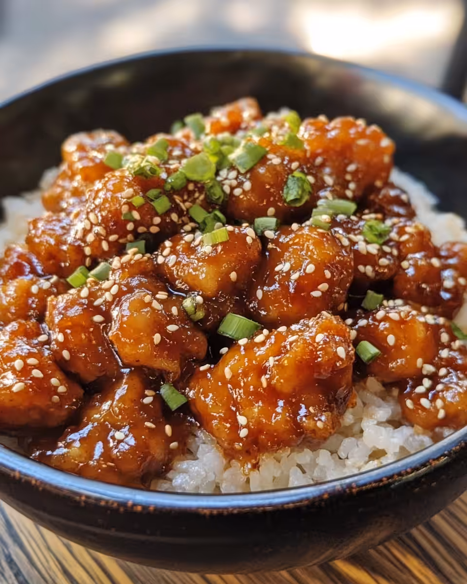 Golden honey chicken served on a platter garnished with green onions and sesame seeds